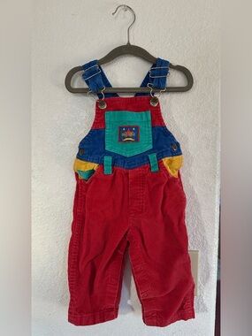 Vintage Colorful Red Corduroy Toddler Overalls 18 month Okie Dokie